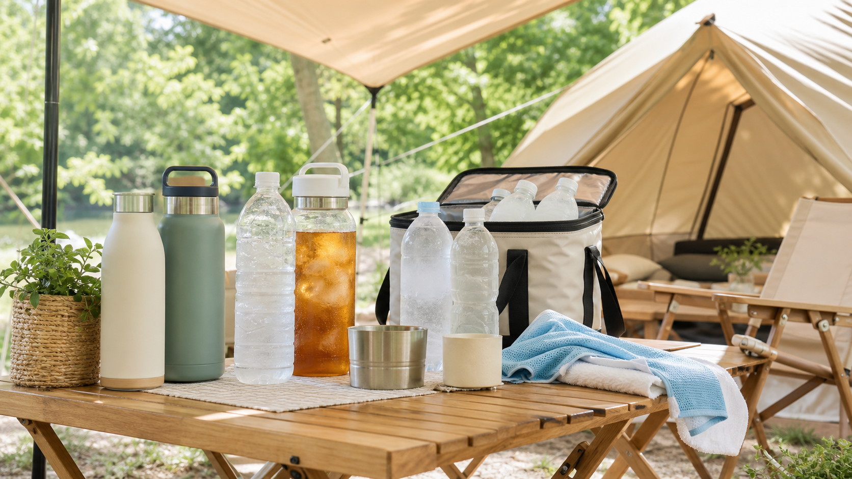 夏キャンプの水分補給と飲み物準備のイメージ