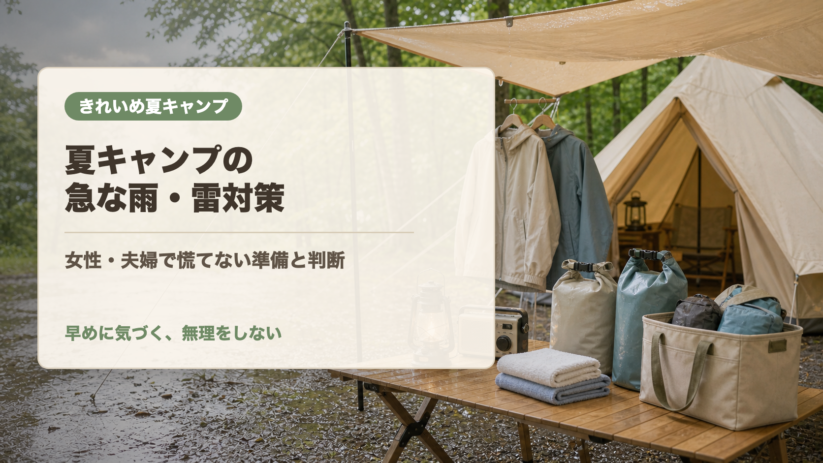 夏キャンプの急な雨と雷対策の文字入りアイキャッチ