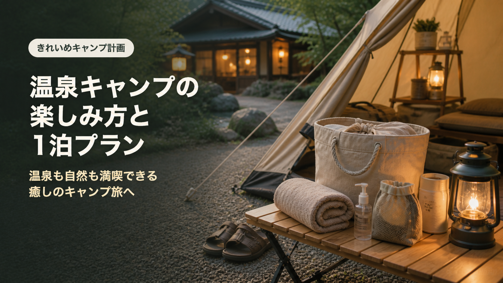キャンプ温泉付きの過ごし方と1泊プランを示す文字入りアイキャッチ