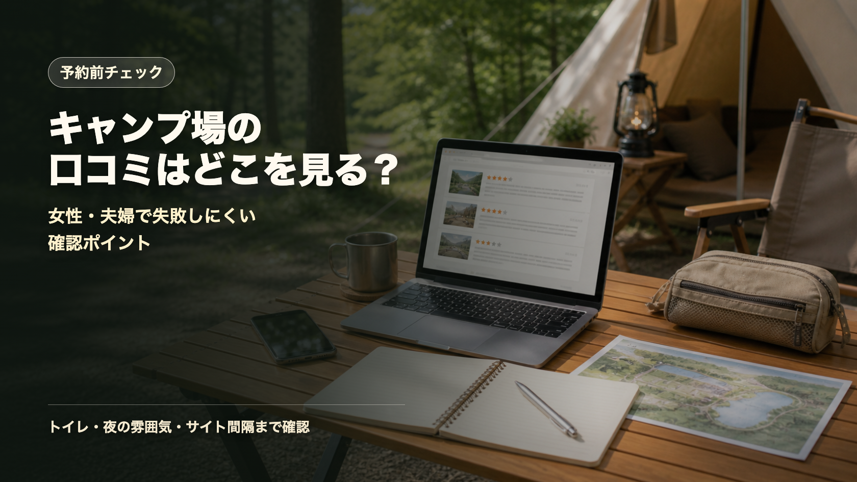 キャンプ場の口コミを見るポイントを示す文字入りアイキャッチ