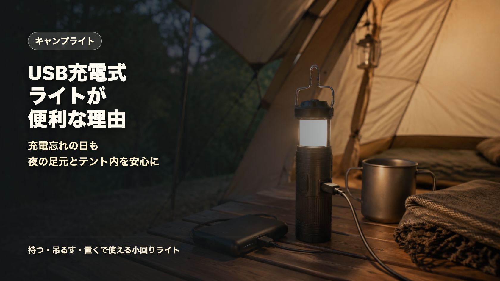 USB充電式キャンプライトの便利さを示す文字入りアイキャッチ