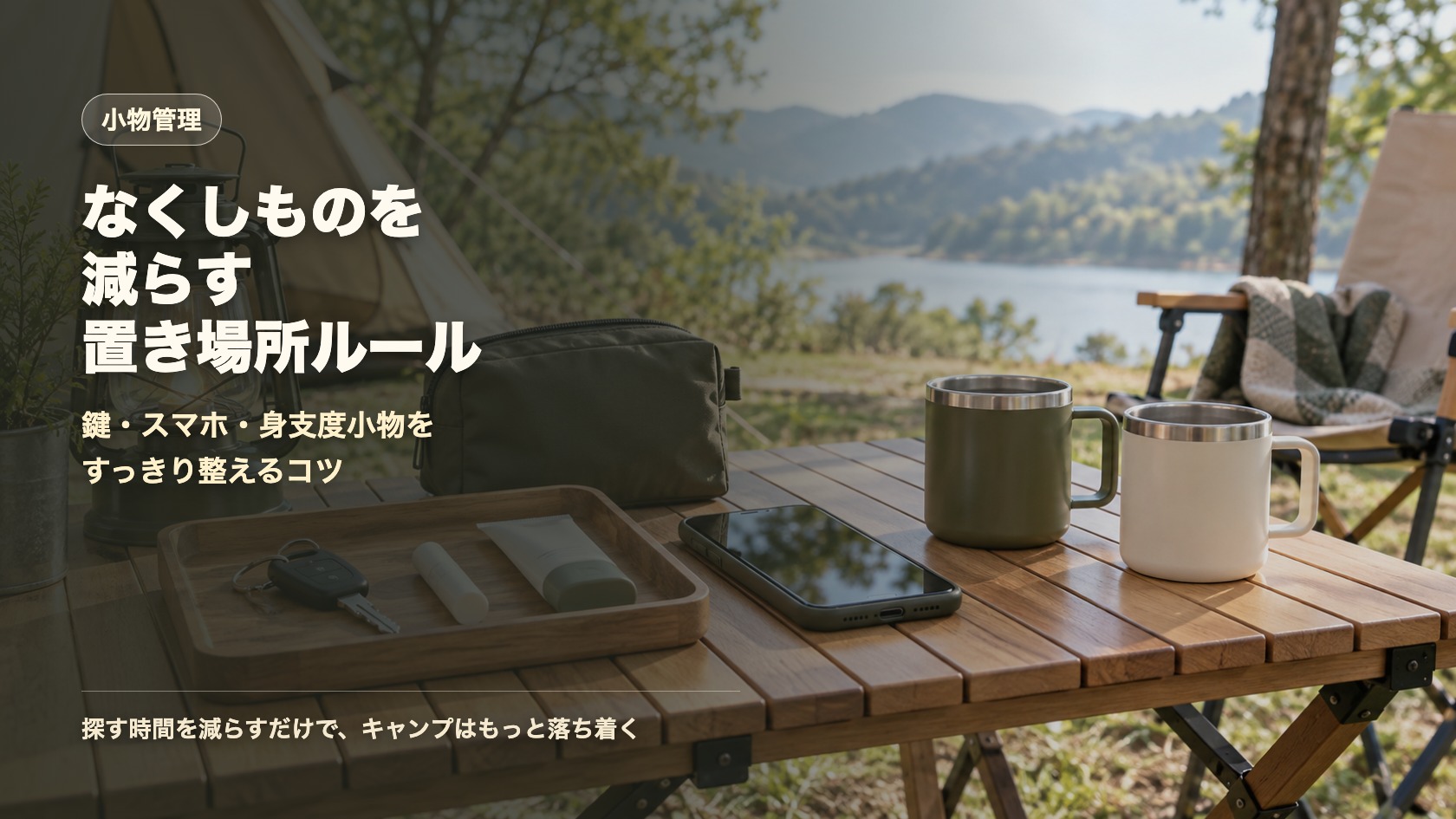 キャンプの小物管理となくしものを減らす置き場所ルールを示す文字入りアイキャッチ