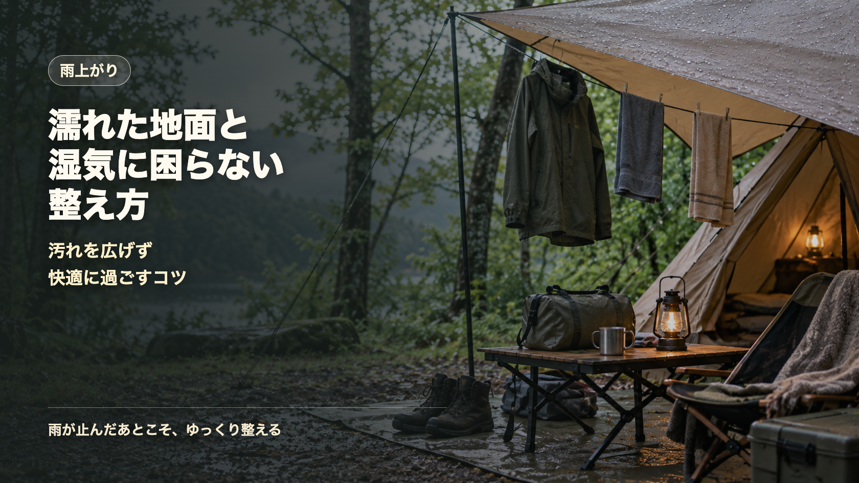 雨上がりキャンプで濡れた地面と湿気に困らない整え方を示す文字入りアイキャッチ