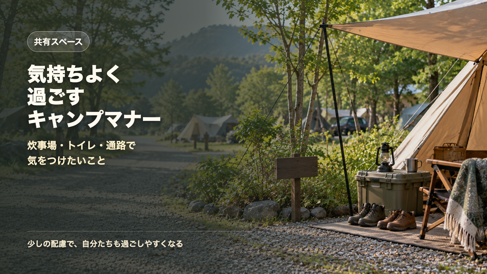 キャンプ場の共有スペースで気をつけたいマナーを示す文字入りアイキャッチ